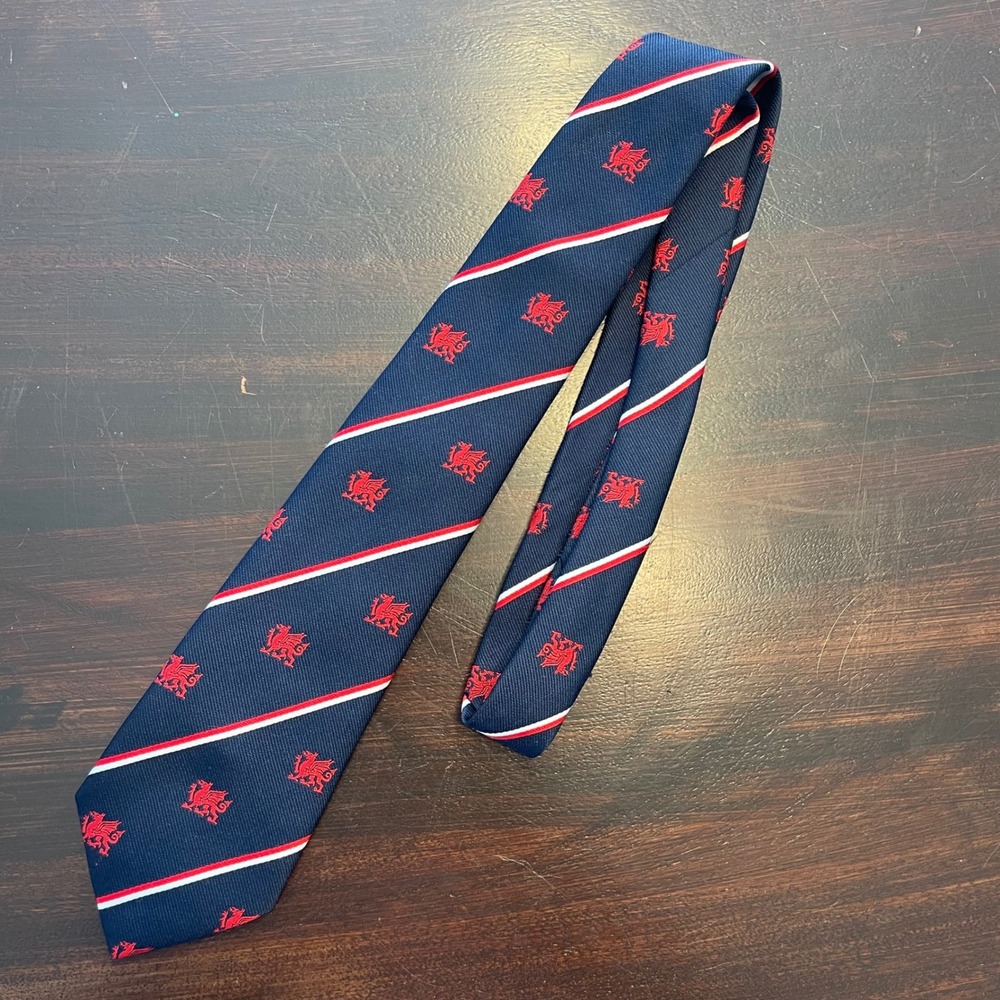 Wrexham Club Ties Navy Blue Red Welsh Dragon Stripe Necktie Made in Wales